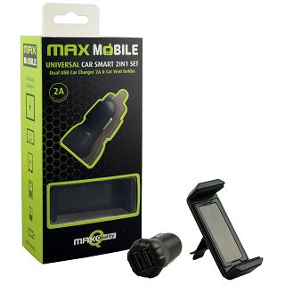 MAXMOBILE AUTO ADAPTER USB DUO 2A + DRŽAČ VENT SET crni