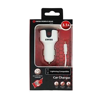 SWISS AUTO PUNJAČ SA LIGHTNING KABLOM 1M 3.1A DUAL USB